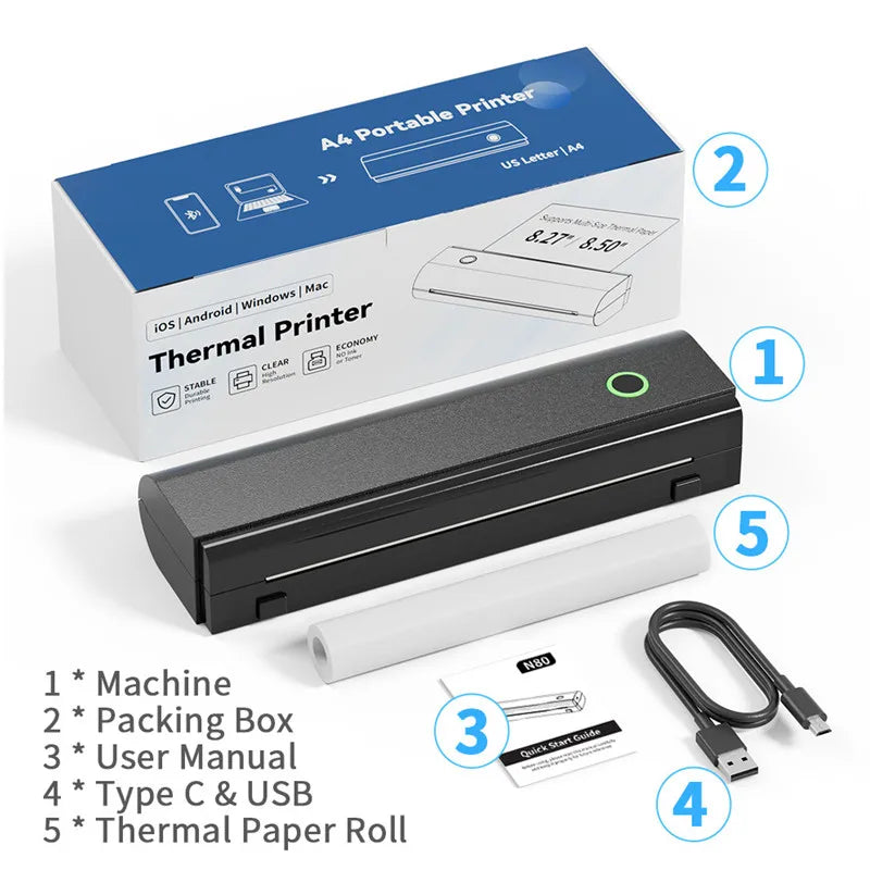 Portable Bluetooth A4 Printer Inkless Office Documents PDF Photos Homework Memos Notes Thermal Printer Android IOS Windows MacOS