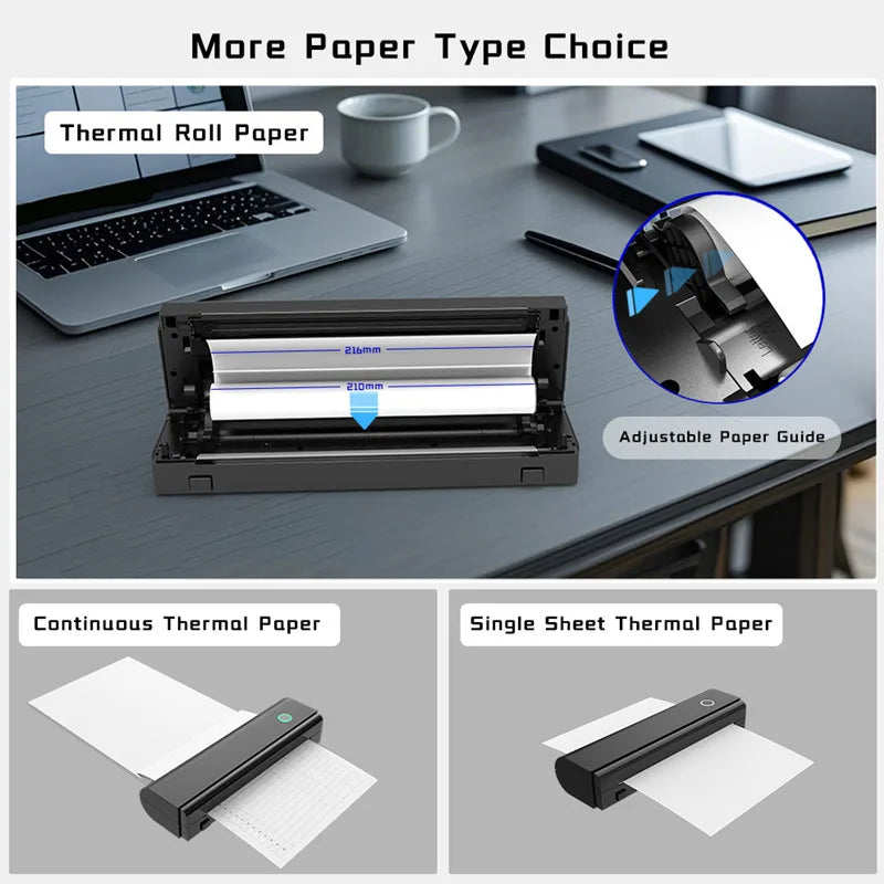 Portable Bluetooth A4 Printer Inkless Office Documents PDF Photos Homework Memos Notes Thermal Printer Android IOS Windows MacOS