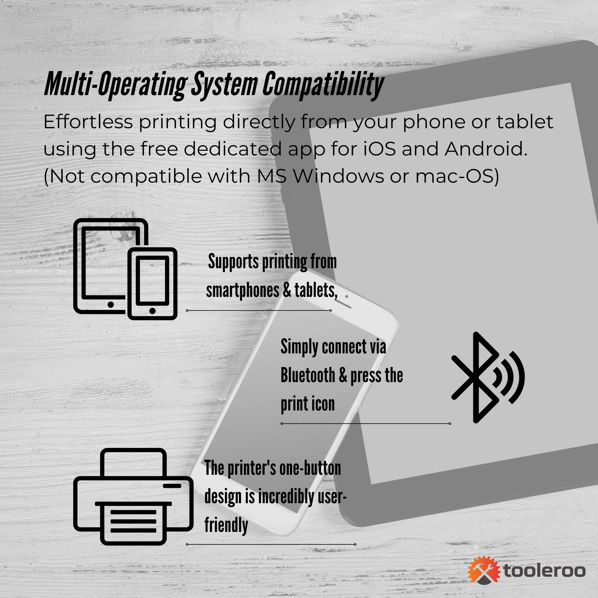 Tooleroo Portable A4 Thermal Printer White + Paper Kit - Wireless and Inkless